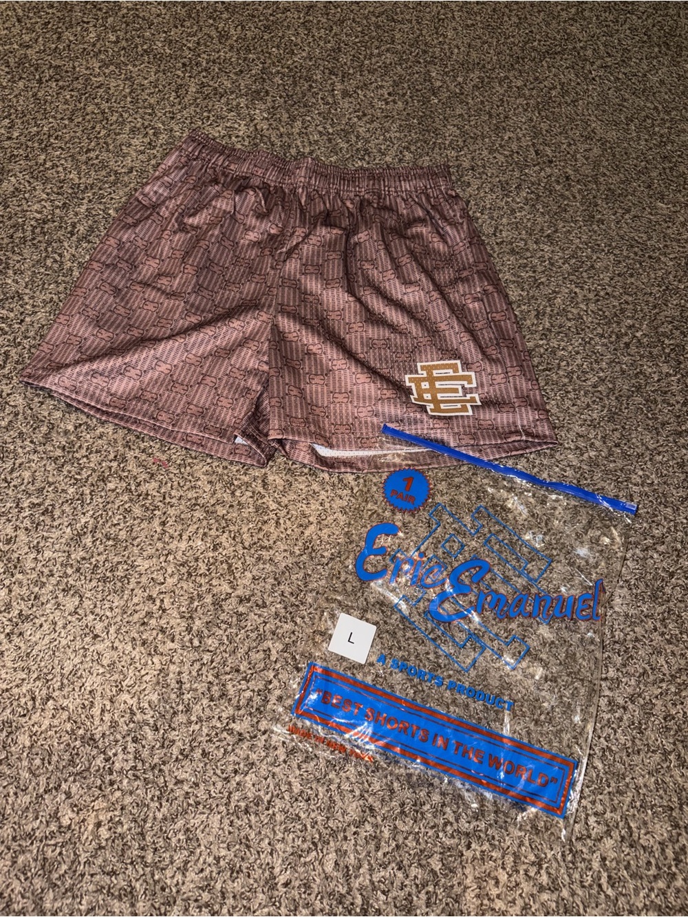 Eric Emanuel Brown Monogram Athletic Shorts with Gold Logo